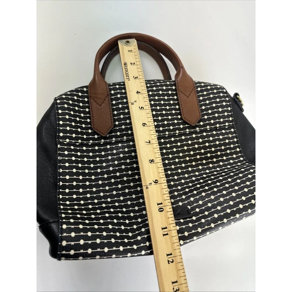 Fossil Fiona Satchel Black White Key Logo Faux Leather Crossbody Double Handle